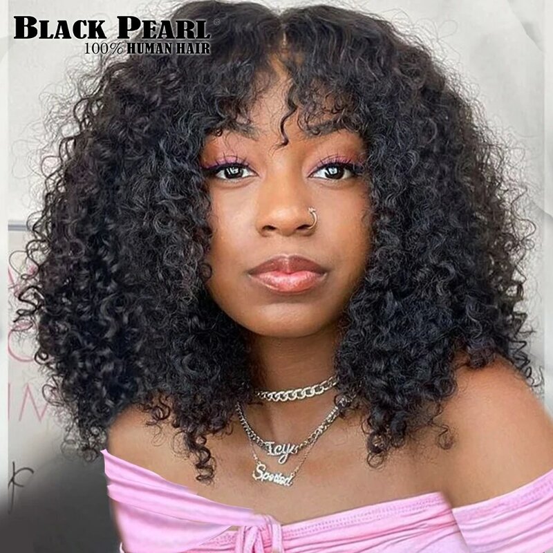 Brazilian Kinky Curly Human Hair Wigs With Bangs Short Brazilian Remy Human Hair Full Machine Made Wigs for Black Women Glueless