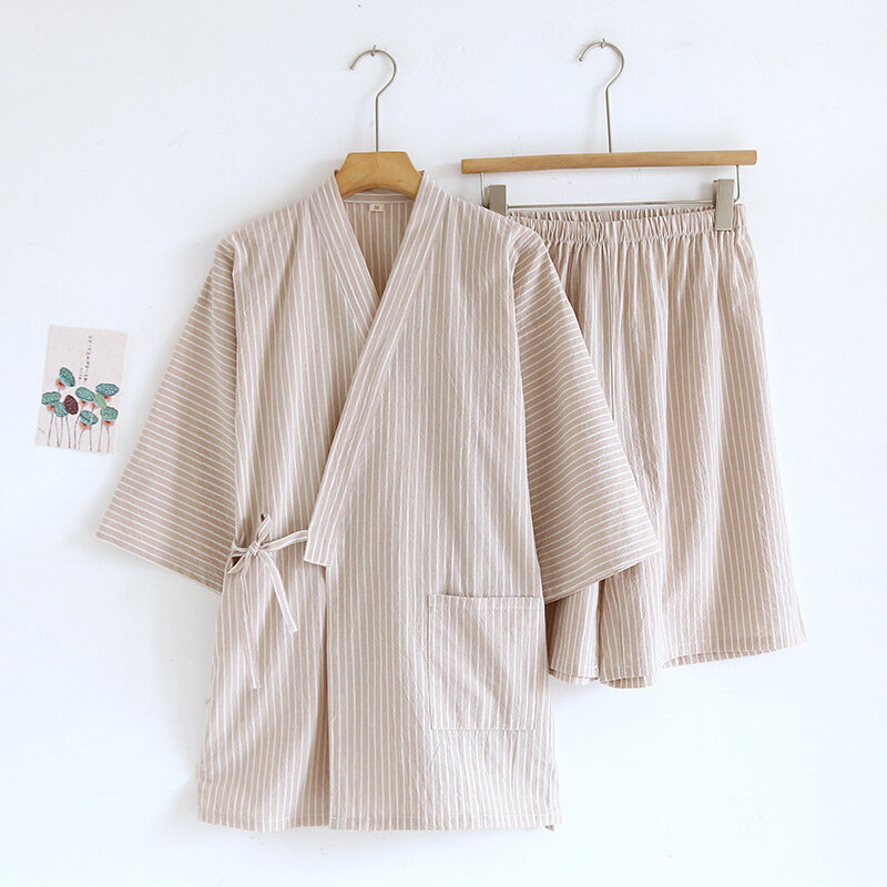 Kimono minimalista listrado pijama masculino, shorts de manga curta de algodão, cardigã fino com decote em v, roupas para casa