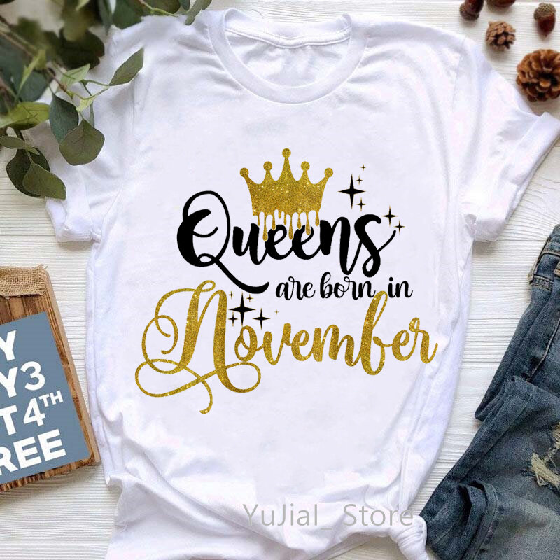 2022 Gouden Kroon Koningin Zijn Geboren In Januari Tot December Grafische Print T-shirt Dameskleding Tshirt Femme Verjaardagscadeau Tops