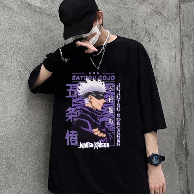 Anime Gojo Satoru wysokiej jakości męski i damski okrągły dekolt letni Y2k t-shirt