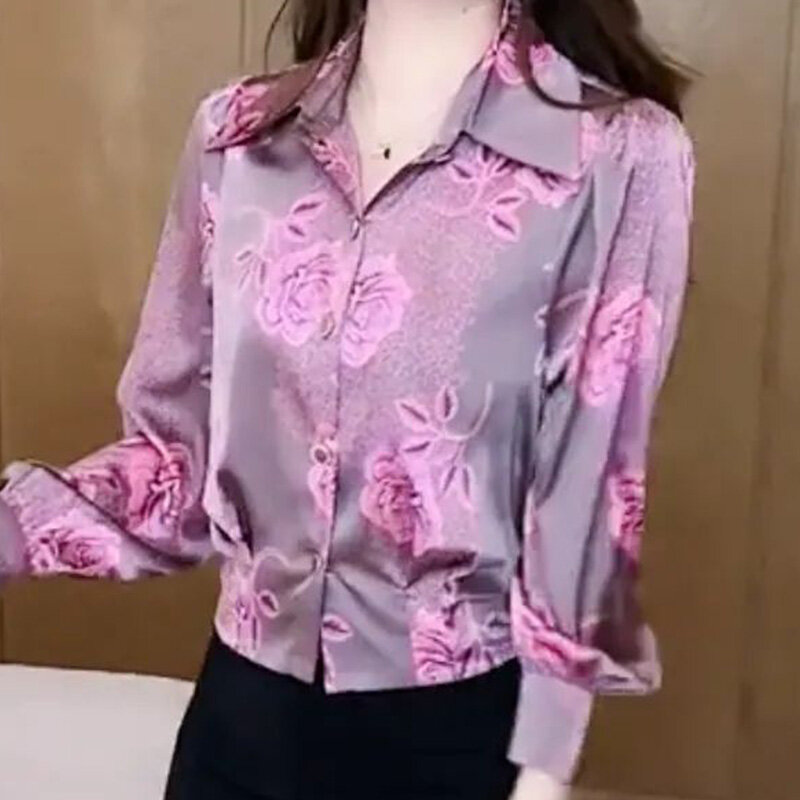 2024 New Summer Elegant Fashion Retro Loose Office Lady Women's Shirt Floral Aesthetic Button V Neck Long Sleeve Y2K Chic Tops