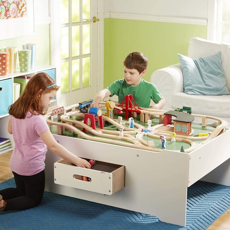 Drewniany stół do zabawy Deluxe do pokoju zabaw - stół do aktywności dla dzieci ze schowkiem, meblami, stołem kolejowym