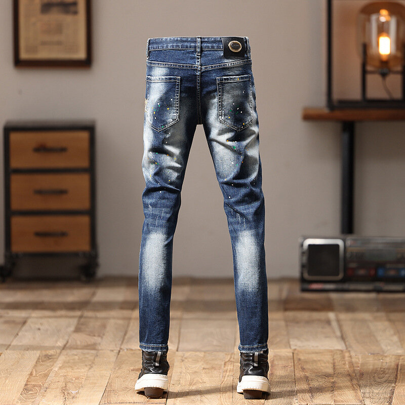 Ретро ностальгические джинсы мужские рваные вышитые Дизайнерские повседневные универсальные облегающие модные уличные мотоциклетные брюки