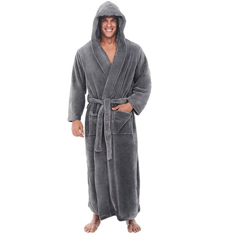 Мужская зимняя одежда для сна с капюшоном, плотный теплый плюшевый халат для душа, простой стиль, однотонный мужской мягкий халат с длинным рукавом, пальто