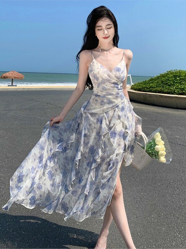 Sommer Frauen blau elegante V-Ausschnitt Kleider neue Mode Blumen druck Plissee Design lange Mitte der Wade Urlaub weibliche Slip-Kleid