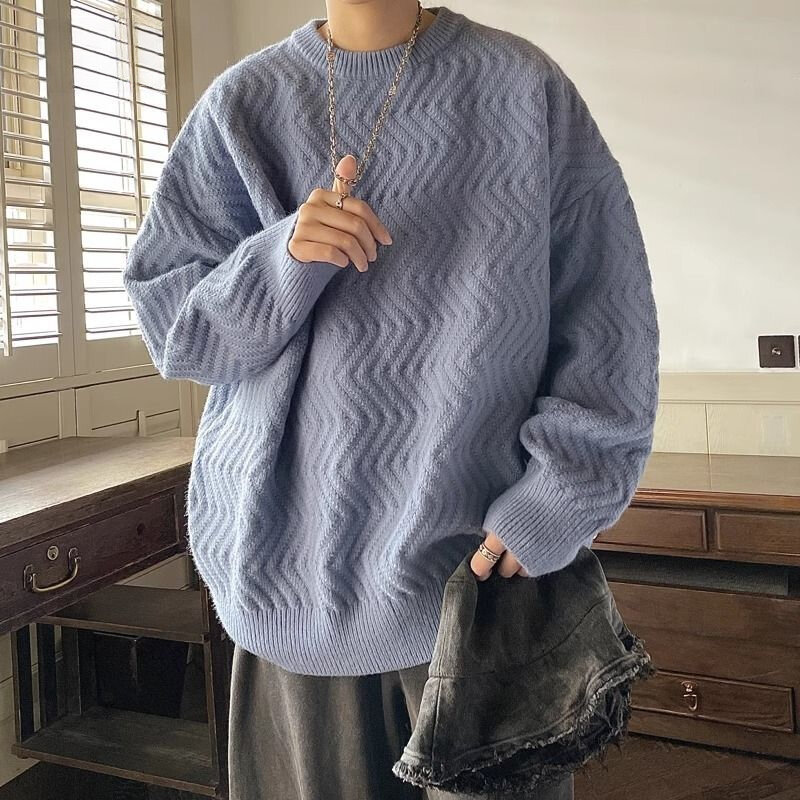 Однотонный свитер в Корейском стиле для мужчин, свитер в ленивом стиле для осени и зимы, Свободный Повседневный модный дизайнерский свитер с круглым вырезом, y2k