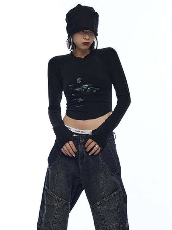 Deeptown Gothic Black Graphic T-shirt donna Grunge Kpop Slim manica lunga Tees Vintage irregolare Basic Crop top Y2K estetico