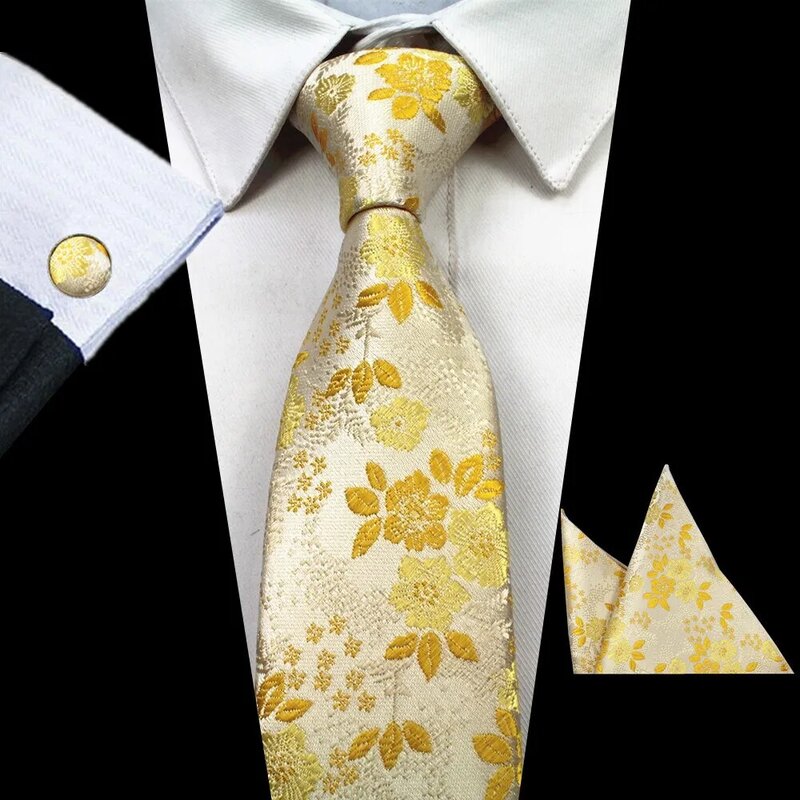 Gumleson 8CM Mans kwiatowy krawat 100% krawat jedwabny chusteczki do mankietów zestaw spinki do mankietów dla mężczyzn wesele formalne przyjęcie srebrzyste