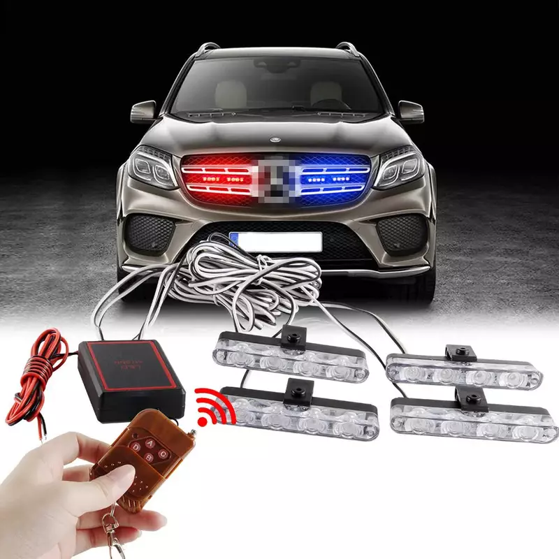 4 In 1 Red Blue Emergency Strobe Lights Police Lights 12V With Wireless Remote Control Flash Grille Light for Cars Truck Van SUV
