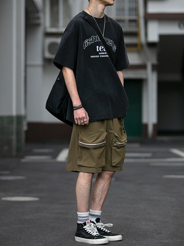 Shorts de carga baggy masculino com zíper, bolso grande, moda coreana, hip hop, harajuku, casual, calças esportivas, roupas masculinas, verão