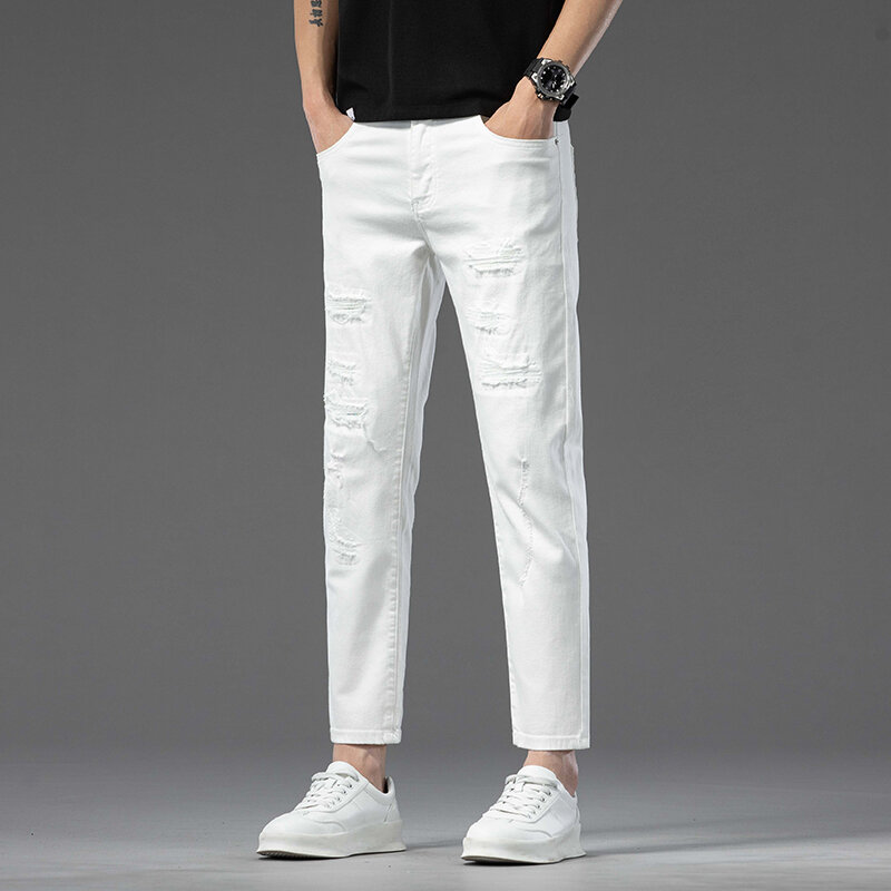 Джинсы мужские Стрейчевые облегающие, деловой стиль, повседневные Модные эластичные хлопковые брюки из денима, ковбойские штаны чистого белого цвета