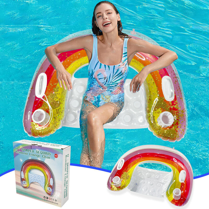 Cama inflável com lantejoula, rede de flutuação, cadeira com equitação do arco-íris, u-dado forma, nadando o anel