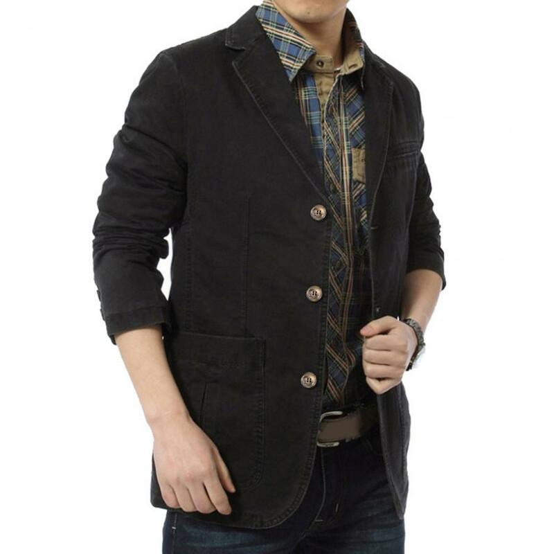 Casaco masculino de manga longa com bolsos, gola de lapela, peito único, ajuste fino, manter aquecido, algodão, blazer casual, jaqueta masculina