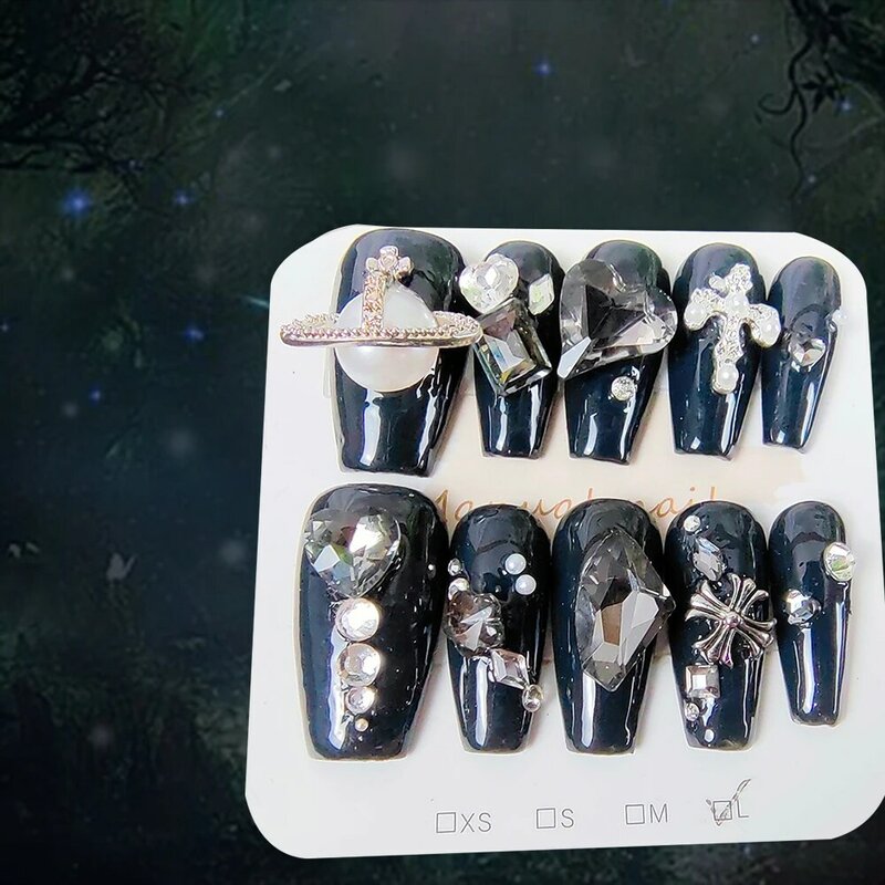 10pcs Handmade Acrylic Reusable Press on Nails Pure Black Background Color Bright Colored Diamond Everything for Manicure