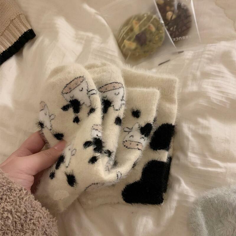 Soft Breathable Socks Cozy Winter Floor Socks with Cartoon Cow Dinosaur Print Thick Fleece Mid-tube Anti-slip Elastic Warm Soft
