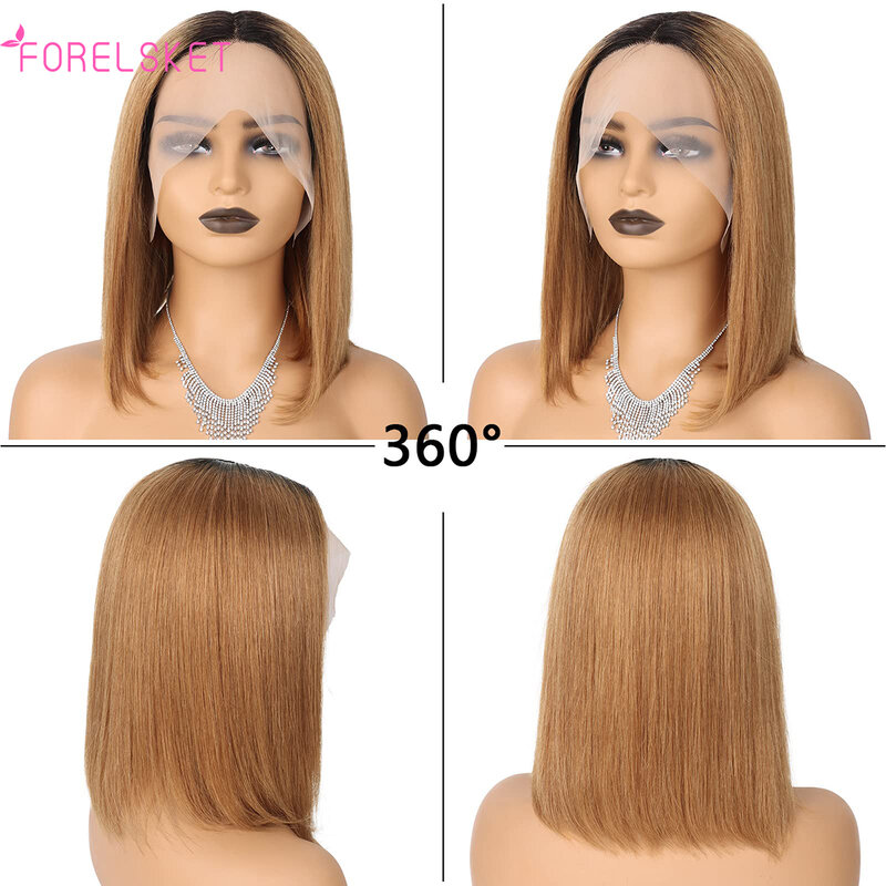 FORELSKKET150 Density Highlight Human Hair Wig Straight Lace Front Wig Ombre 1B/30 Bob 13x4 Lace Frontal Short Bob Wig Remy Hair