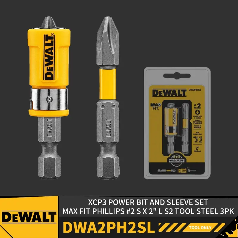 DEWALT-DWA2PH2SL XCP3 파워 비트 및 슬리브 세트, 맥스 핏 필립스 #2 S X 2 "L S2 공구 강철 3PK 드릴 드라이버 도구 액세서리