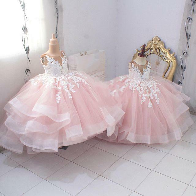 Gaun perempuan renda bunga gaun pesta tingkat tipis gaun pengantin anak perempuan kecil gaun kontes Komuni murah