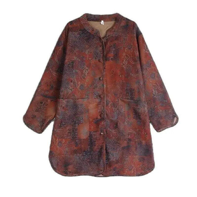 2024 Spring And Autumn Oversized Cotton And Linen Shirt Jacket For Women Retro Printed Casual Top Ethnic Style Cardigan K941