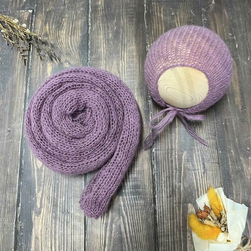 Don&Judy Stretch Newborn Photography Props Wrap with Hat Set Soft Hand Knit Mohair Baby Infant Photo Shoot Background 2PCS Sets