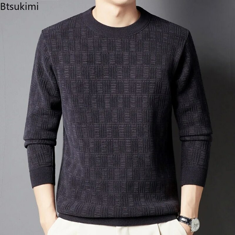 2024 Men's Autumn Winter Sweater Tops Knitted Solid Round Neck Warm Sweaters Casual Jacquard Weave Plush Warm Pullovers for Men