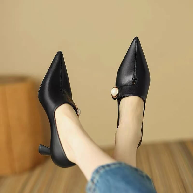 รองเท้าส้นสูงสีน้ำตาลอ่อนของแฟชั่นสำหรับผู้หญิงสำหรับผู้หญิงฤดูใบไม้ผลิฤดูใบไม้ผลิ AMP Comfort คลาสสิกสีดำมีสไตล์รองเท้าส้นสูงสตรี