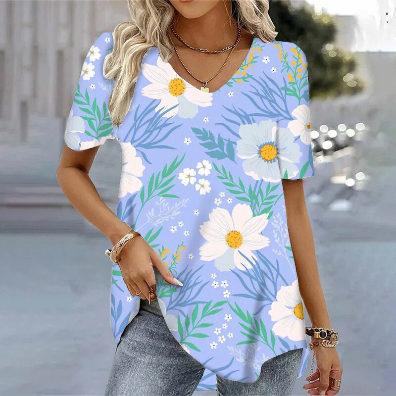 T-Shirt stampate in 3d con piume alla moda magliette estive con scollo a v maniche corte magliette larghe di moda per le signore vestiti di vendita caldi S-5XL
