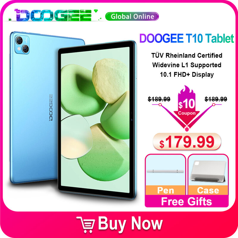 DOOGEE-Tablette PC T10 Android 12 Pad TWATV, écran FHD + 10.1 ", 8 + 128 Go, Octa Core, Widevine L1, caméra 13MP, 8300mAh
