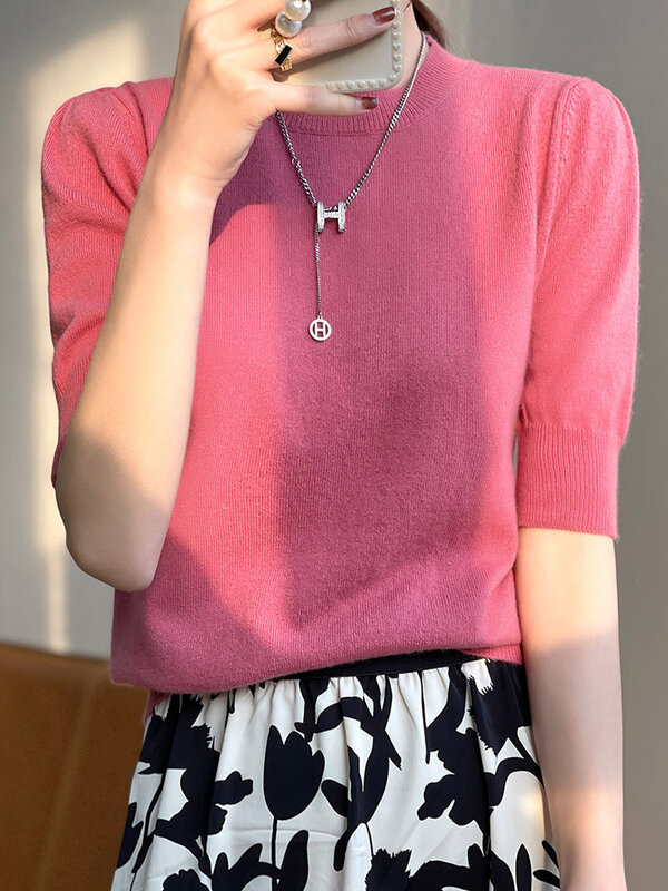 Jersey de manga corta con cuello redondo para mujer, prenda de punto de lana merina, de Color puro, a la moda, para primavera y verano, 100%