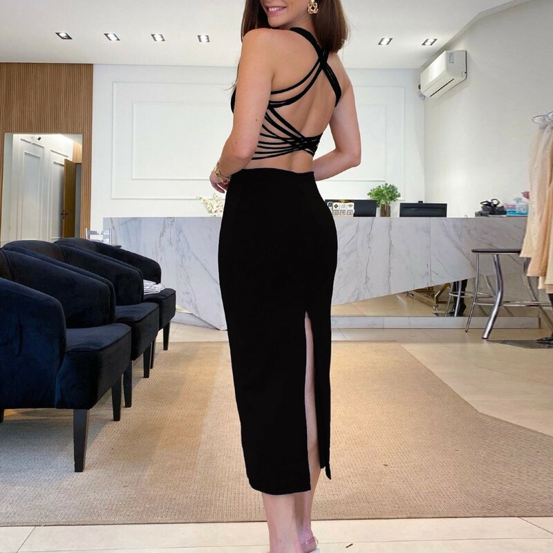 Gaun pesta untuk wanita 2024 gaun Bodycon punggung terbuka tali silang warna Solid untuk wanita gaun hitam bungkus pinggul untuk wanita Vestido