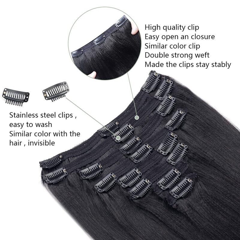 26 дюймовые накладные волосы на клипсе, настоящие натуральные волосы Remy, прямые 120 г, 8 шт., бразильские накладные человеческие волосы # 1B для женщин