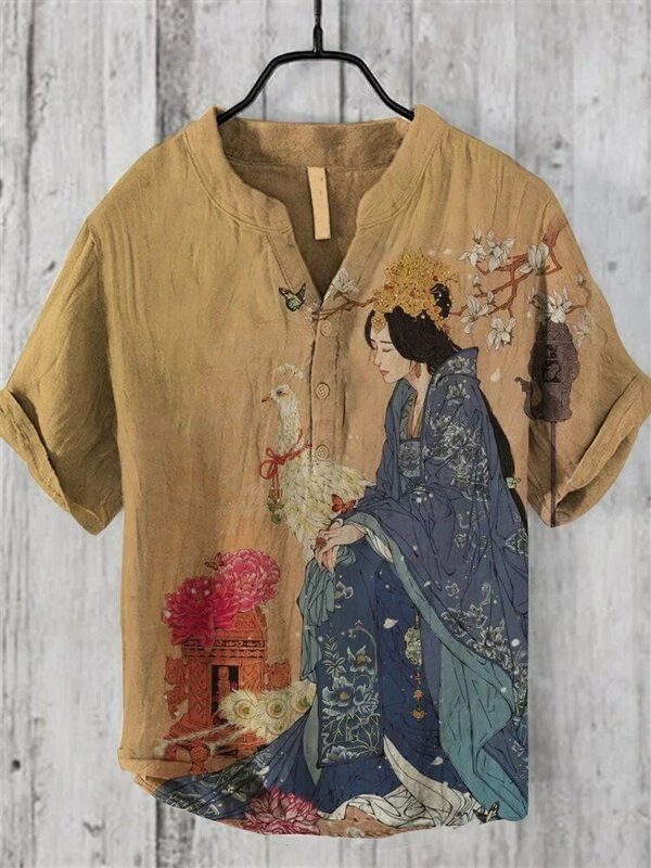 Neues goldenes Pilz-Stil V-Ausschnitt Kurzarmhemd Außenhandel Mode lässig lose T-Shirt Hemd Bambus Leinen Hemd Top