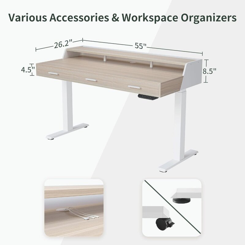 Electric Standing Desk with Drawers, 55x26 Inch Standing Desk Adjustable Height, Stand Up Desk with Monitor Shelf