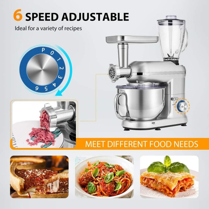 3 in 1 Multifunctional Stand Mixer with 6 Quart Stainless Steel Bowl, 650W 6 Speed Tilt-Head Meat Grinder, Juice Blender,