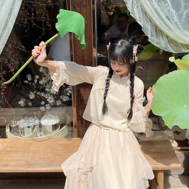 Chinese Stijl Traditionele Meisje Verbeterde Hanfu Set Republiek China Stijl Tweedelige Set Dame Mode Oosterse Qipao Jurk Set