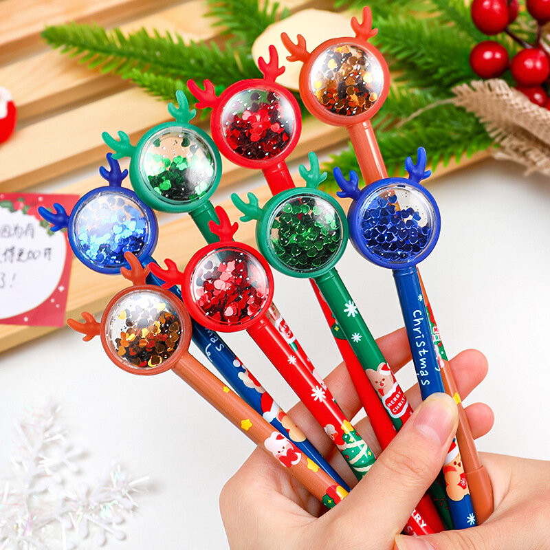 Christmas Elk Sequins Gel Pen Cute Kawaii Multicolored Pen For Kids School Writing Supplies Stationery Office Stationery Gifts