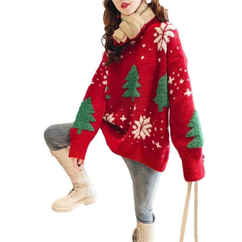 Suéter estampado de árvore de Natal feminino, ajuste solto, suéter grosso de malha, gola redonda, macia e quente, aconchegante, inverno, novo