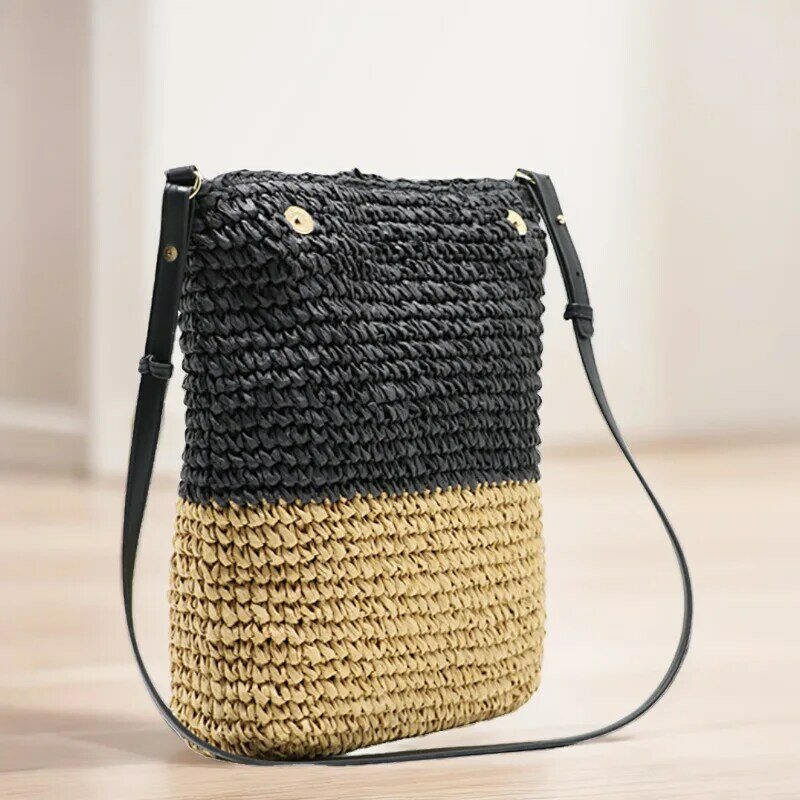 Bohemian Patchwork Straw Bag para mulheres Tecido de corda de papel Shoulder Bag Crossbody para viagem, praia, bolsa de tricô verão, 2024