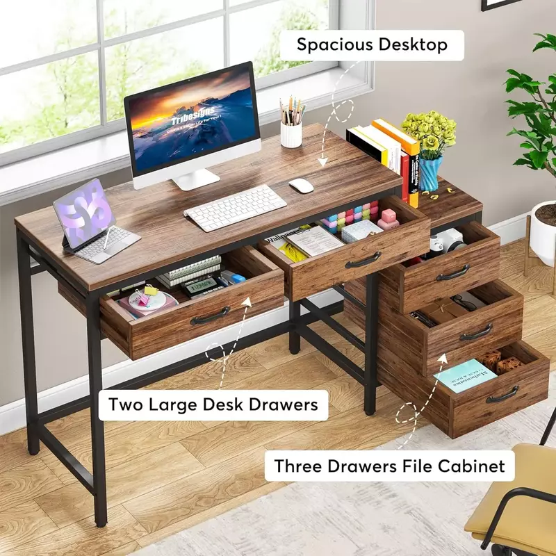 Computer Desk with 5 Drawers, Home Office Desks with Reversible Drawer Cabinet Printer Stand, Industrial PC Desk with  Storage