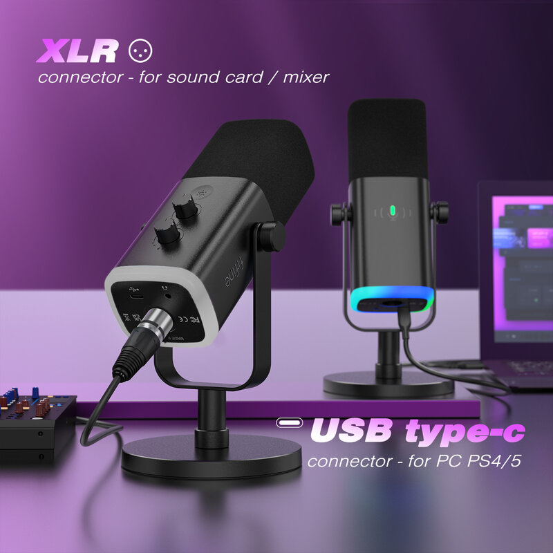 Microfono dinamico FIFINE USB/XLR con pulsante Touch Mute, jack per cuffie, controlli i/o, per mixer PC PS5/4, amplificatore per microfono da gioco AM8