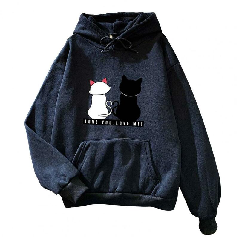 Women Spring Hoodie Cartoon Cat Print Plush Hoodie Cozy Women Pullover with Drawstring Elastic Cuffs Hoodie for Fall/winter
