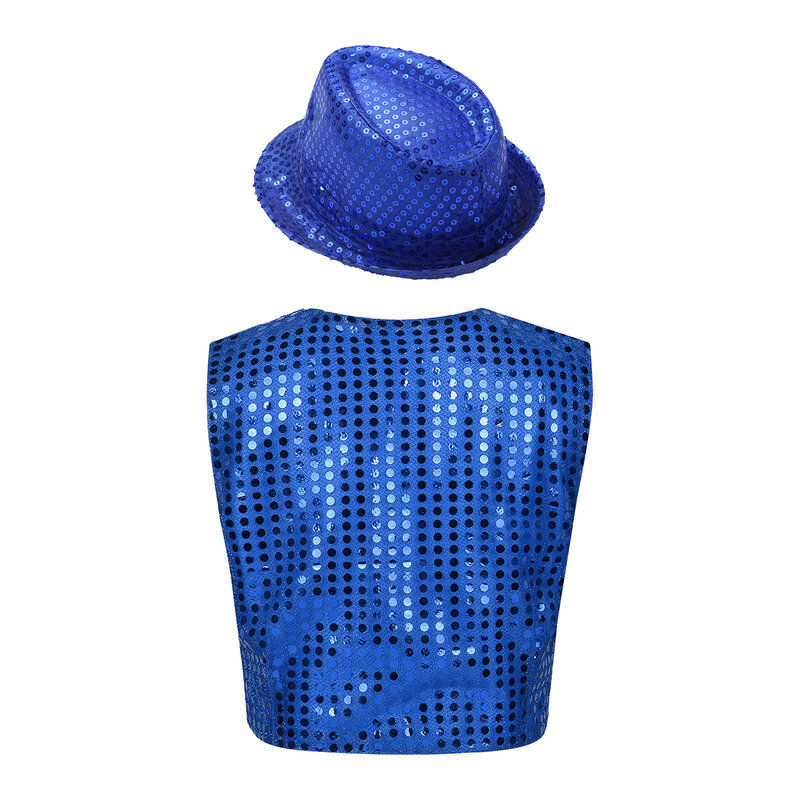 Girls Boys Sequins Moden Jazz Dance Costume Kids Hip hop Street Dance Vest Waistcoat with Hat Outfits for Performance Dancewear