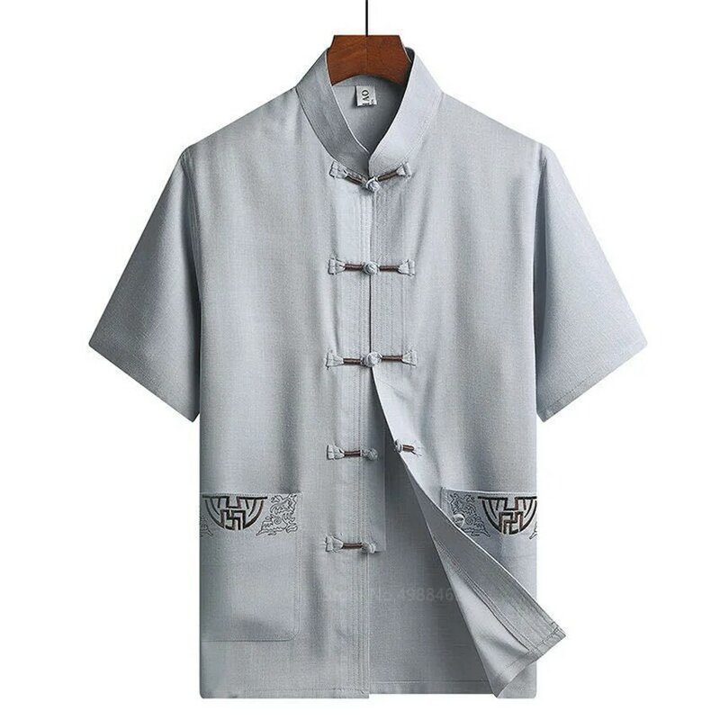 Conjunto de ropa tradicional china para hombres adultos, uniformes de Tai Chi y Kung Fu, bordado de lino de manga corta, disfraces chinos Casuales