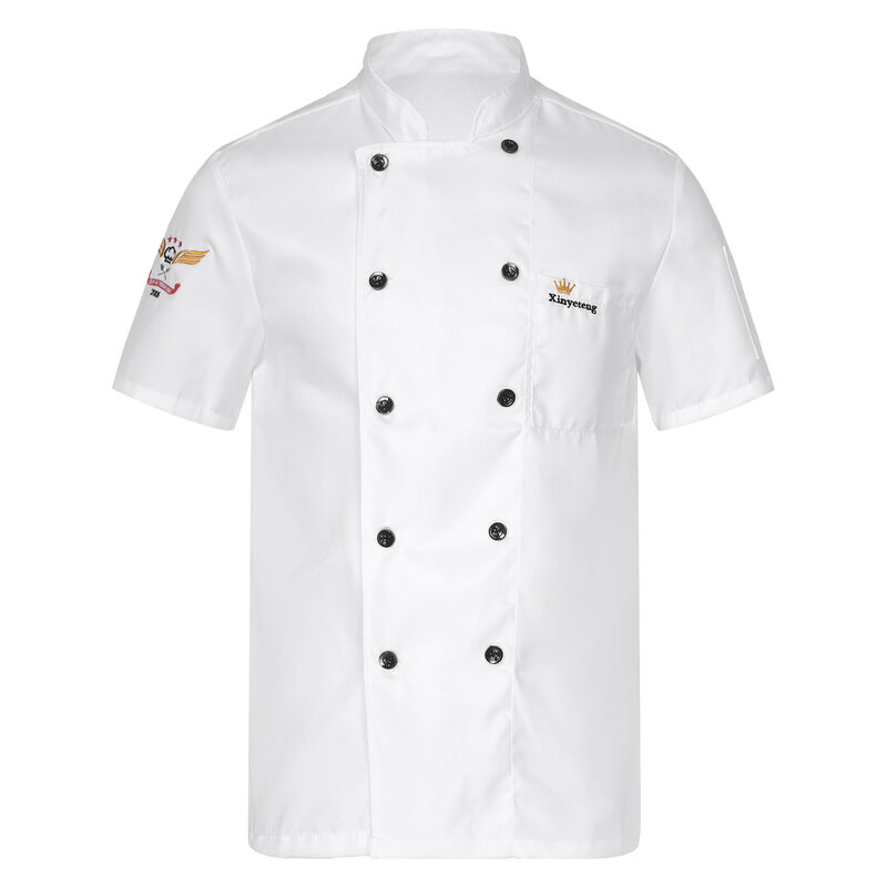 Mems Womens Embroidery Short Sleeve Chef Coat Jacket Stand Collar Double-Breasted Kitchen Cook Uniform with Pockets