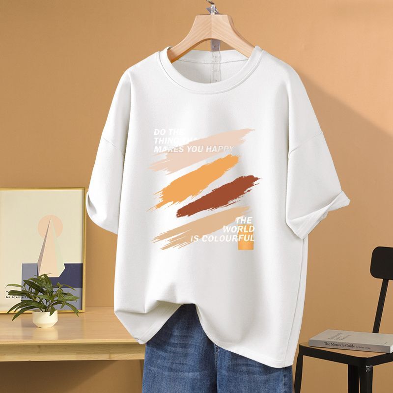 T-shirt Casual moda stampata lettera donna estate manica corta top in puro cotone o-collo allentato Basics Pullover Chic