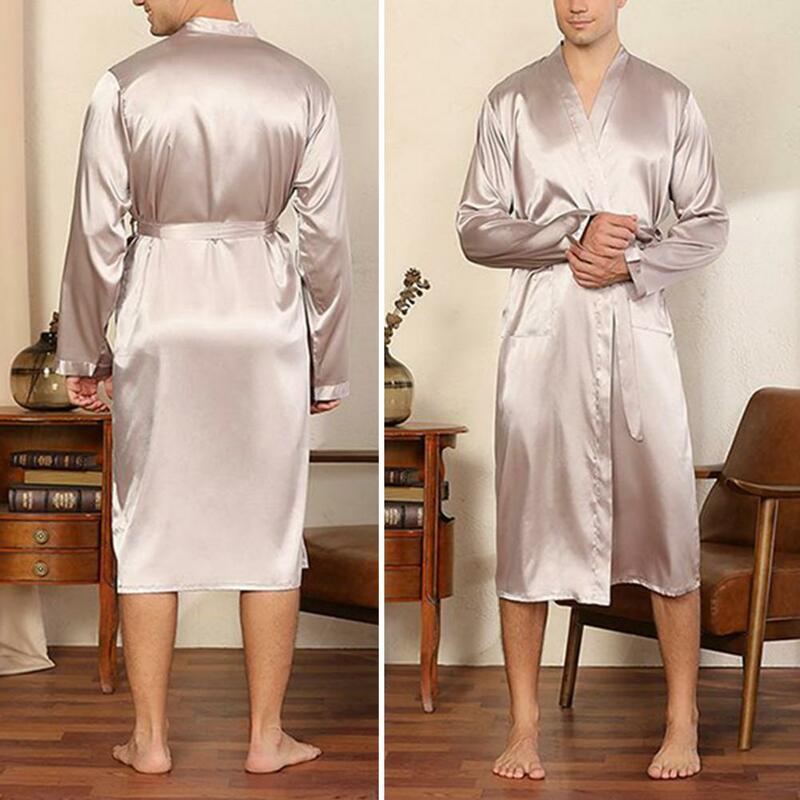Men Soft Nightgown Men Bathrobe Soft Breathable Men's Satin V Neck Bathrobe with Lace Up Waist Belt Long Sleeves for Fall