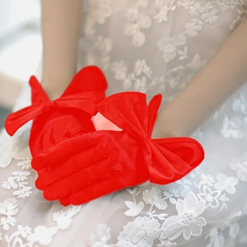 Gants de mariée en Satin blanc ivoire pour femmes, court, doigts complets, nœud de poignet, élégant, accessoires pour robe de bal et dîner, T233