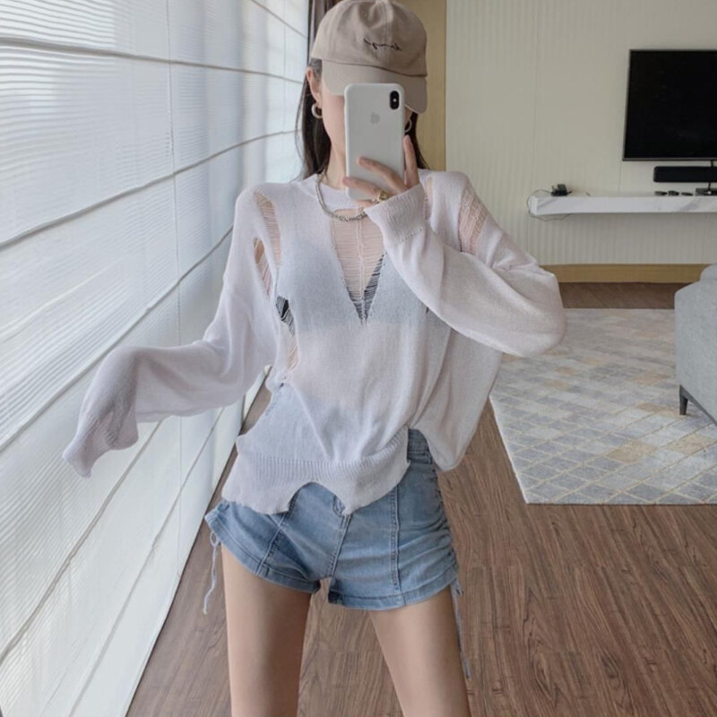 Pullovers Women Hollow Out Simple All-match See-through Korean Style Hot Girl Casual Personality Cozy Breathable Summer Knitwear