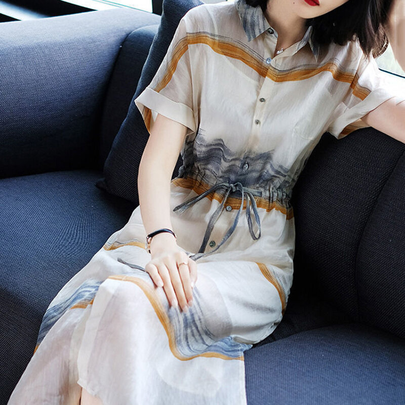 우아한 라펠 프린트 줄무늬 셔링 붕대 셔츠, 원피스 여성 의류, 루즈한 오피스 레이디 반팔 원피스, 2024 여름 신상