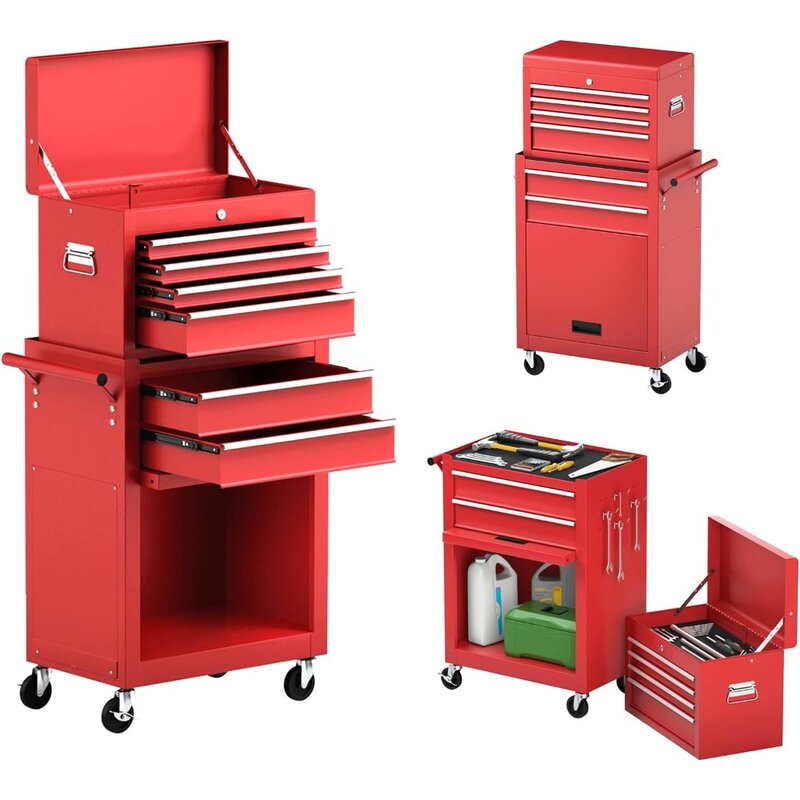 Rolling Toolbox, 6-Drawer Toolboxes W/Auto Locking System & Lockable Wheels & Sliding Drawers & Detachable Top, Toolbox
